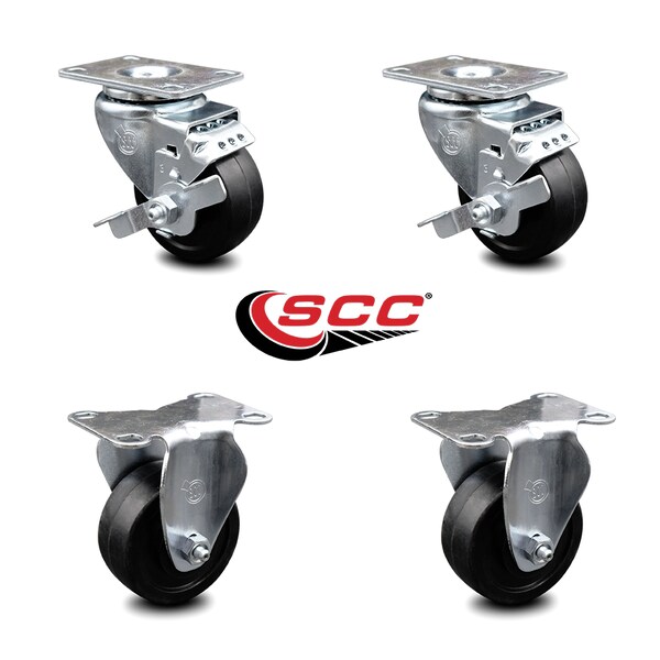3 Inch Soft Rubber Swivel Top Plate Caster Set with 2 Brakes 2 Rigid SCC